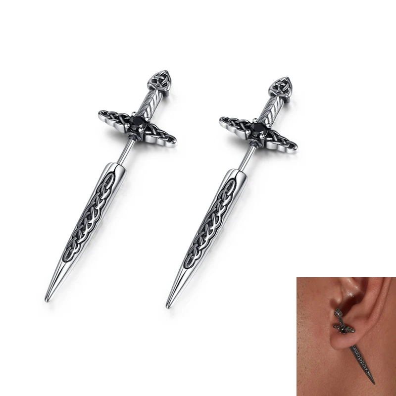 

Vintage Celtic Knot Sword Earrings For Men Women Gothic Stainless Steel Cool Cubic Zirconia Hip Hop Party Nightclub Gift