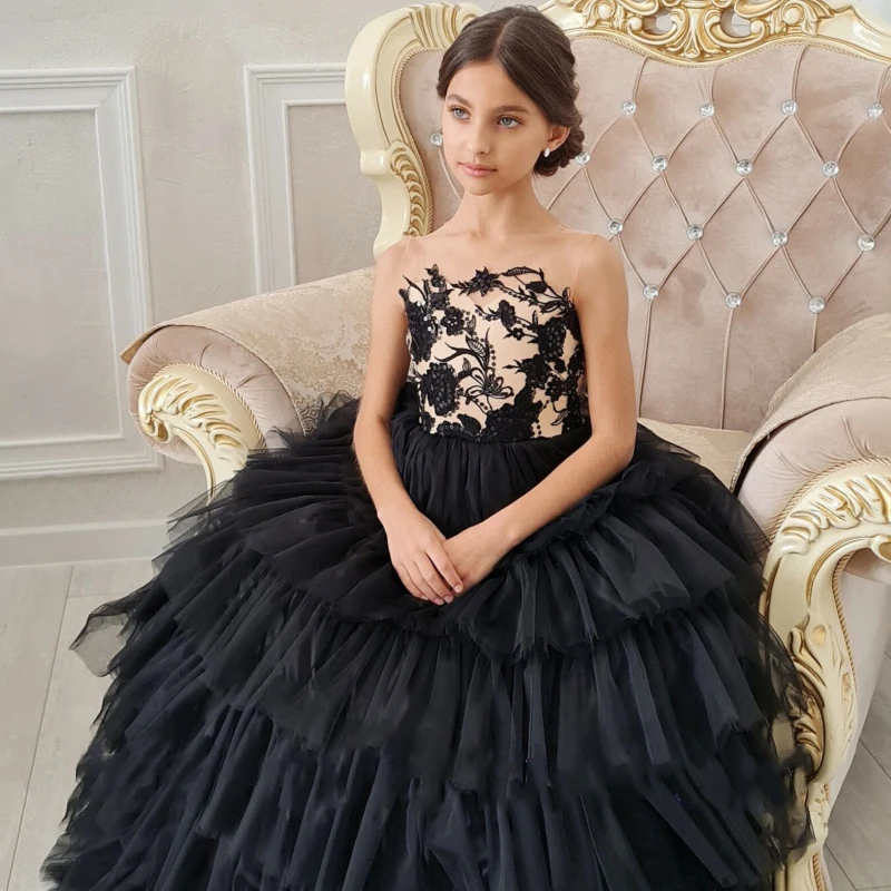 Black Flower Girl Dresses Tulle Appliques Tiered Sleeveless For Wedding Birthday Party Banquet Princess Gowns