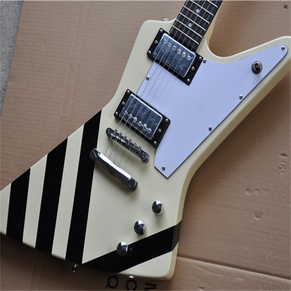 

Black and white striped Explorer electric guitar, 6 strings, white guard plate