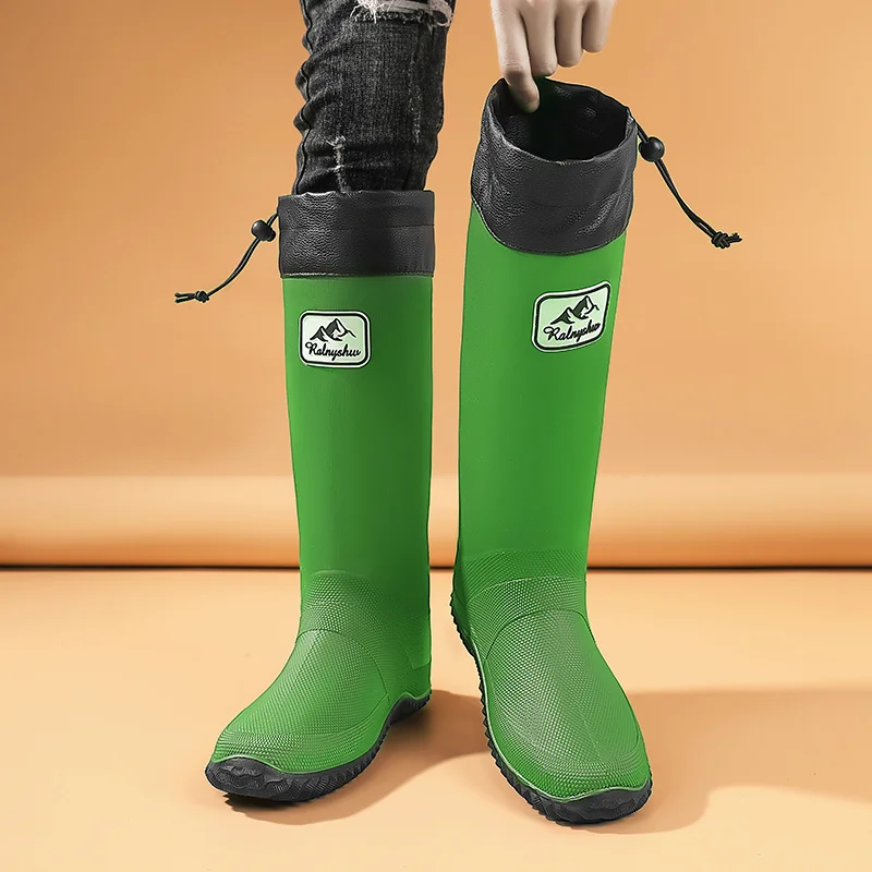 Men's Winter Long Tube Fleece Rain Boots Anti-Slip Waterproof Outdoor Fishing Weather Boots Rubber Material Casual Style
