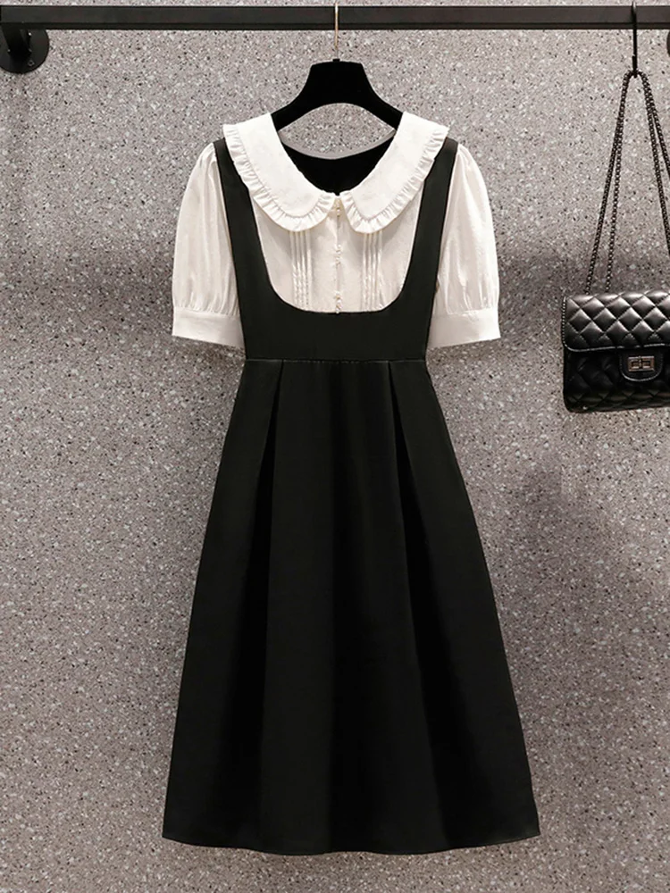 Korean Fashion Doll Collar Patchwork Casual Midi Dress 2024 Summer New Elegant Bodycon Chic Dress Hepburm Vintage Evening Dress