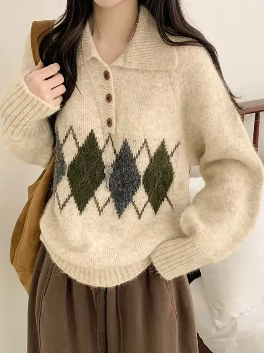 

Корейский вязаный свитер Camere, женский зимний длинный светер с ромбовидным узором, свободный утягивающий топ Lazy Sle Top