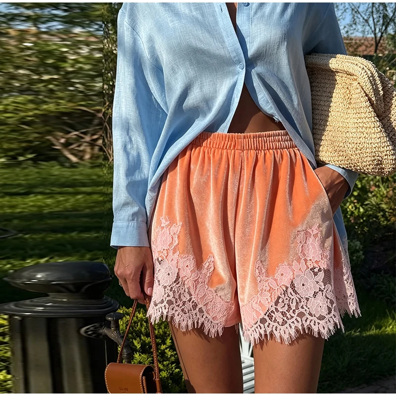 High Street Mint Green Velvet Shorts With Patchwork Lace Trim Paneled Elastic Waist Trousers Women Chic Edgy 2026 Summer Outfits