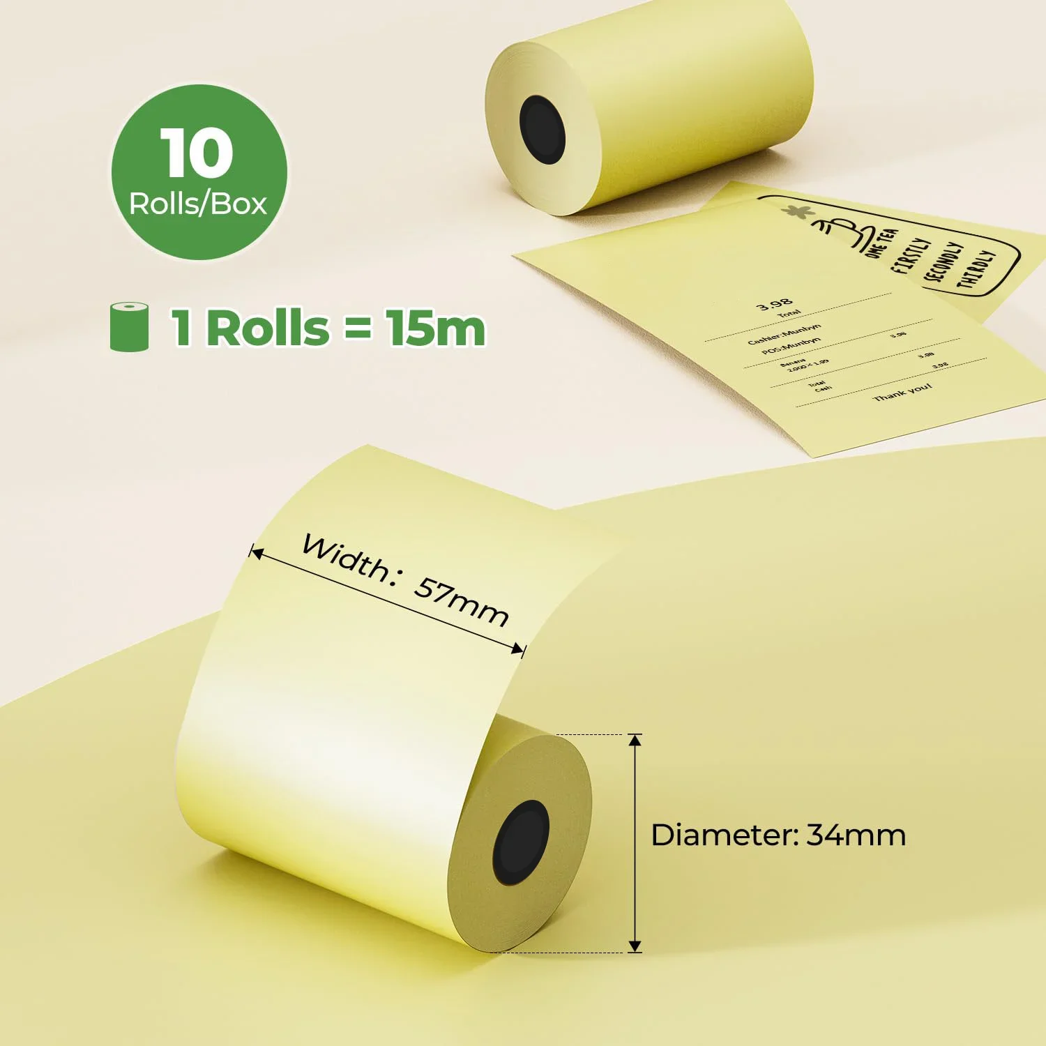 2 1/4"x 50' Yellow Cash Register Printing Paper Thermal Paper Roll Compatible With 80mm Receipt Printer POS Credit Card Machines