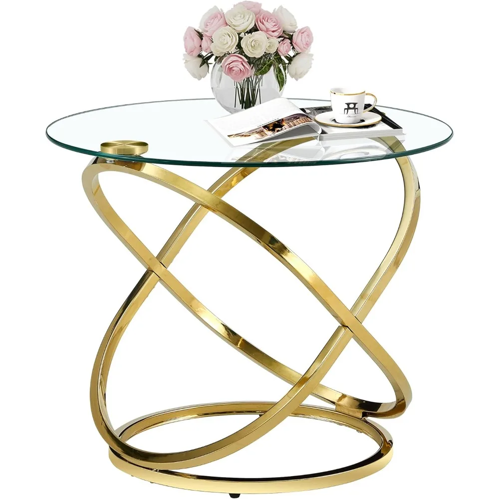 

Glass End Table 25.6 Inch Gold Round Living Room Modern Sofa Side Table Small Coffee Table with Ring-Shaped Frames and Transpare