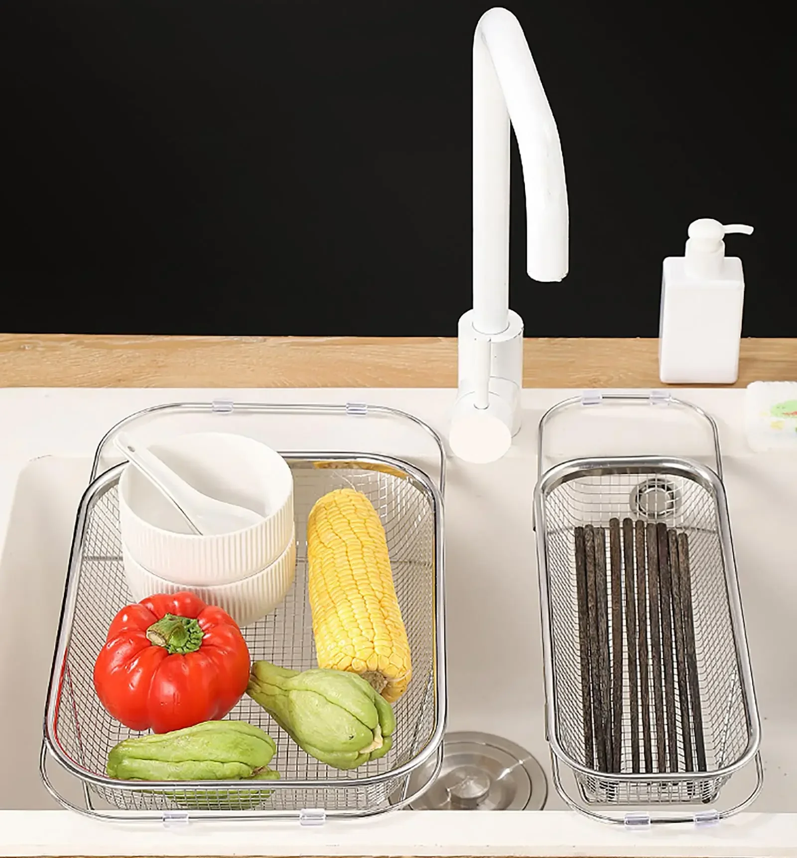 

2pcs Sink Strainer Drainer Basket 304 Stainless Steel Expandable Sink Colander Over the Sink Colander For Vegetables Fruits Past