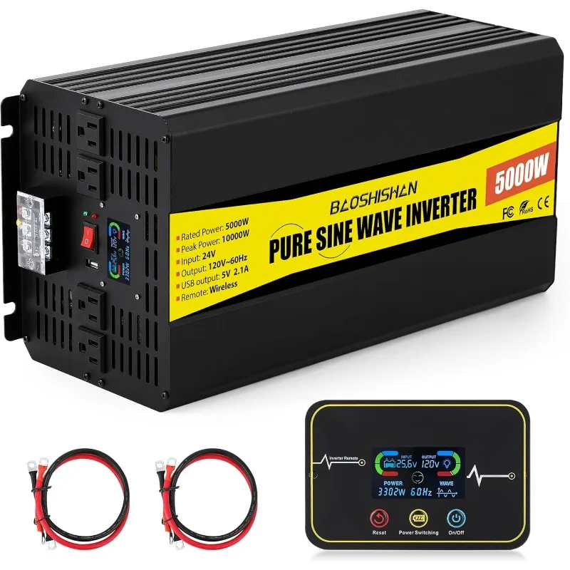 24V Pure Sine Wave Inverter 5000 Watt Heavy-Duty Off Grid Inverter with Bluetooth Remote, 10000 Watt Surge Power