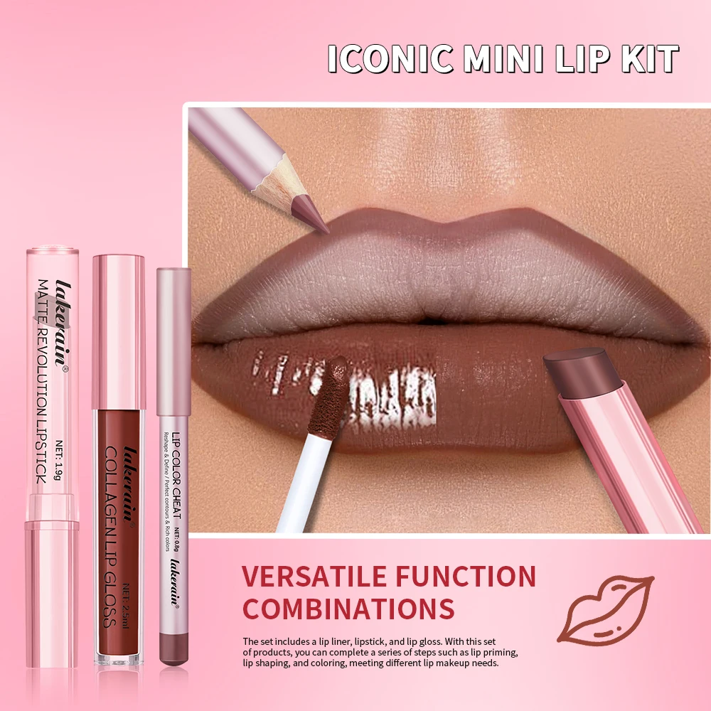 3 pz Rossetto Lipliner Penna Lipgloss Set Matita per labbra altamente pigmentata e burro Tazza antiaderente Lucidalabbra Lucidalabbra impermeabile