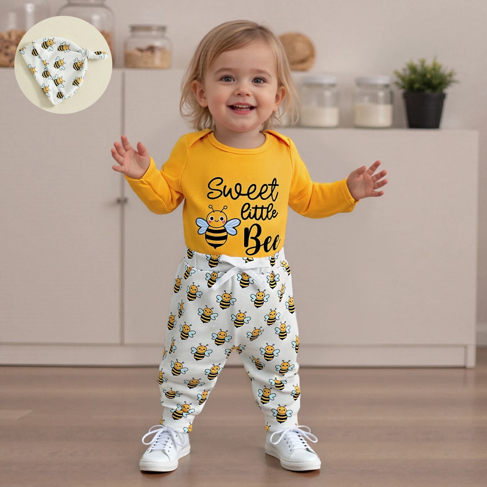Baby Girl Boy Fall Bee Outfit Long Sleeve Romper Elastic Waist Pants Knotted Hat 3 Piece Set Baby Cute Clothing