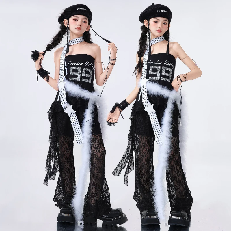 Kpop hip hop roupas de dança meninas jazz dança umbigo topos calças rendas verão street wear festival concerto terno palco bl16213