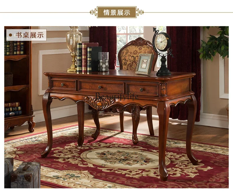 3American Solid Wood Desk and Chair Combination European Style Small Apartment Study Computer Desk