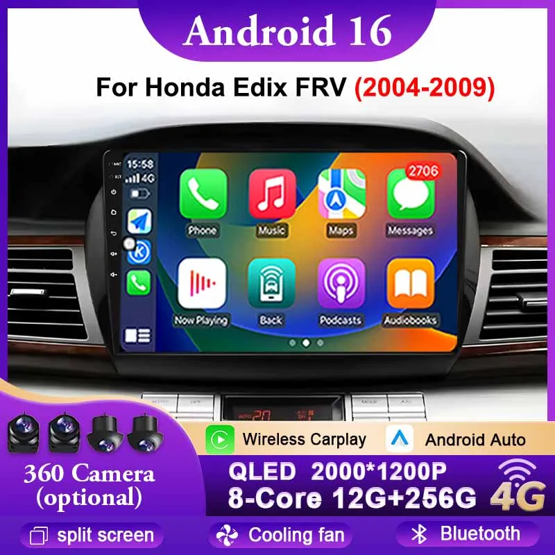 Android 16 Car For Honda Edix FRV 2004-2009 Auto Radio Stereo Multimedia Player GPS Navigation Bluetooth WiFi 4G 360 Camera