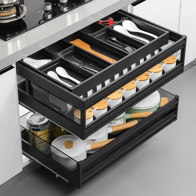 Pull basket Kitchen cabinet Three-layer drawer-type bowl rack Aluminum alloy middle-drawer dishbasket Built-in storage