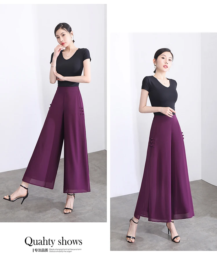 Women Side Slit Chiffon Pants Summer Thin Elastic Waist Wide Leg Pants Chic Droop Trousers Chinese Style Nine Point Pants