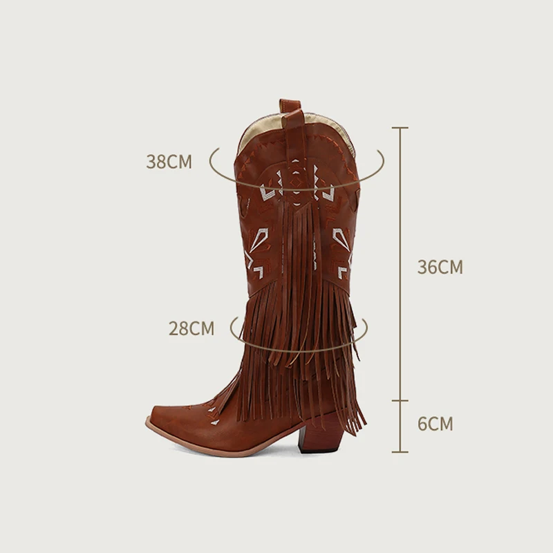 Ethnic Style Embroidery Sewing Tassel High Knee Western Cowboy Boots Women Square Toe Chunky Heels Fringe Cowgirl Boots 46 47 48