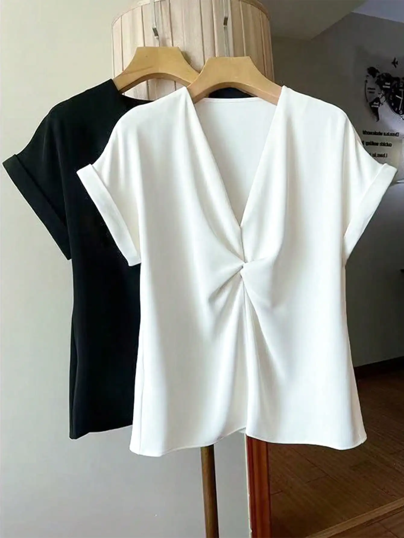

Minimalist V Neck Twist Blouse Short Sleeve Rolled Cuff Lightweight Fabric Casual Daily Wear Top