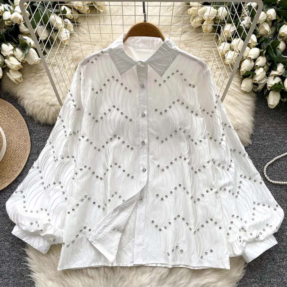 Camisa de strass de luxo para mulher 2025 novo design manga longa lanterna único breasted blusa senhoras topos solto INKEO 5T001