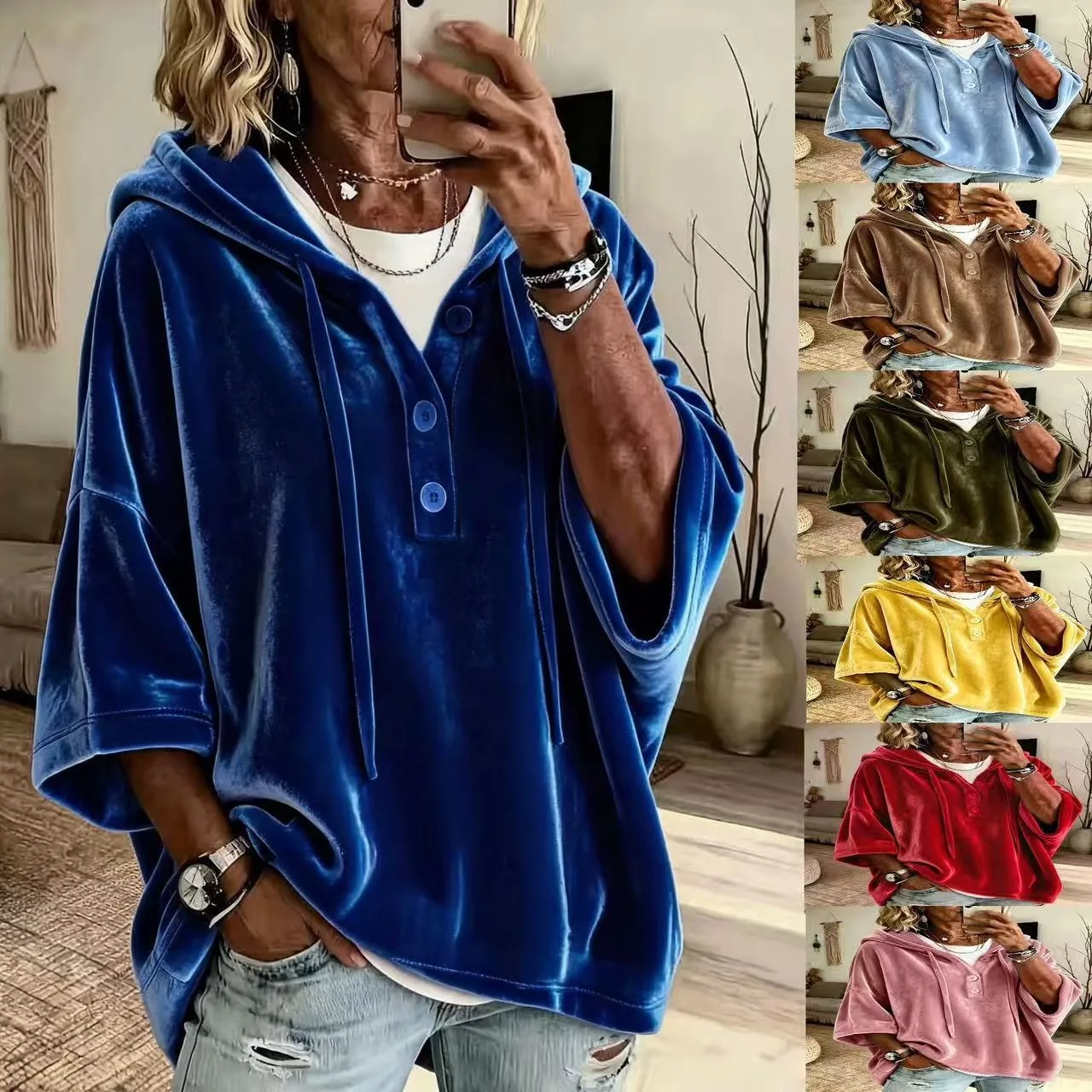 Hoodies women 2026 casual new solid-color velvet casual three-quarter sleeve top loose hooded sweatshirt women's clothing