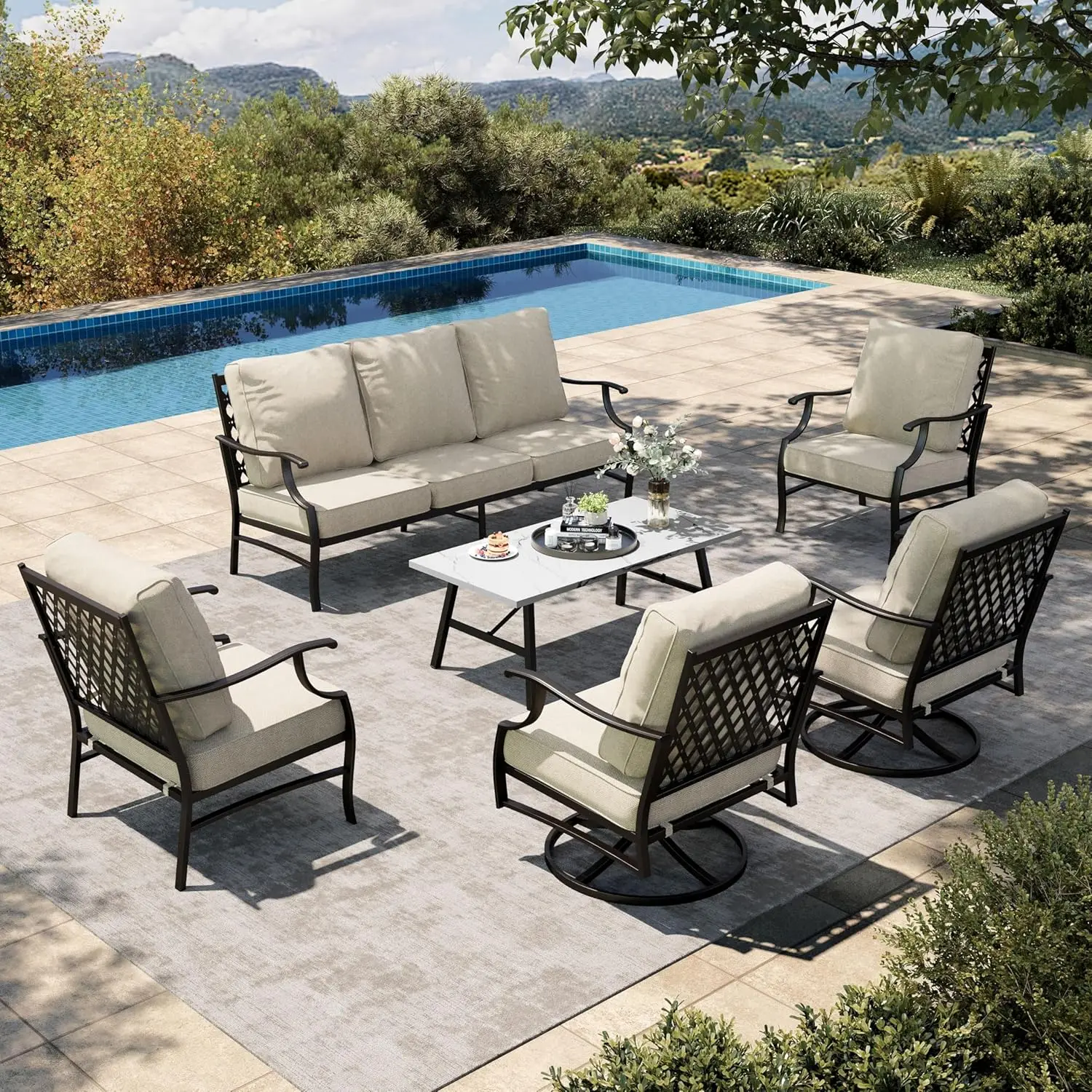 

6 Piece Patio Furniture Set, 2 X Swivel Chair, 2 X Fixed Chair, 1 X 3-Seat Sofa With Marbling Coffee Table, All, Customized