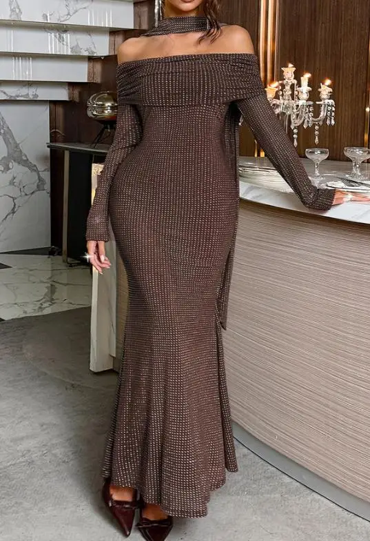 

Women's Dress Summer New Fashionable Elegant Personalized Style Solid Rhinestone Decal One Neck High Waisted Fish Tail Dress