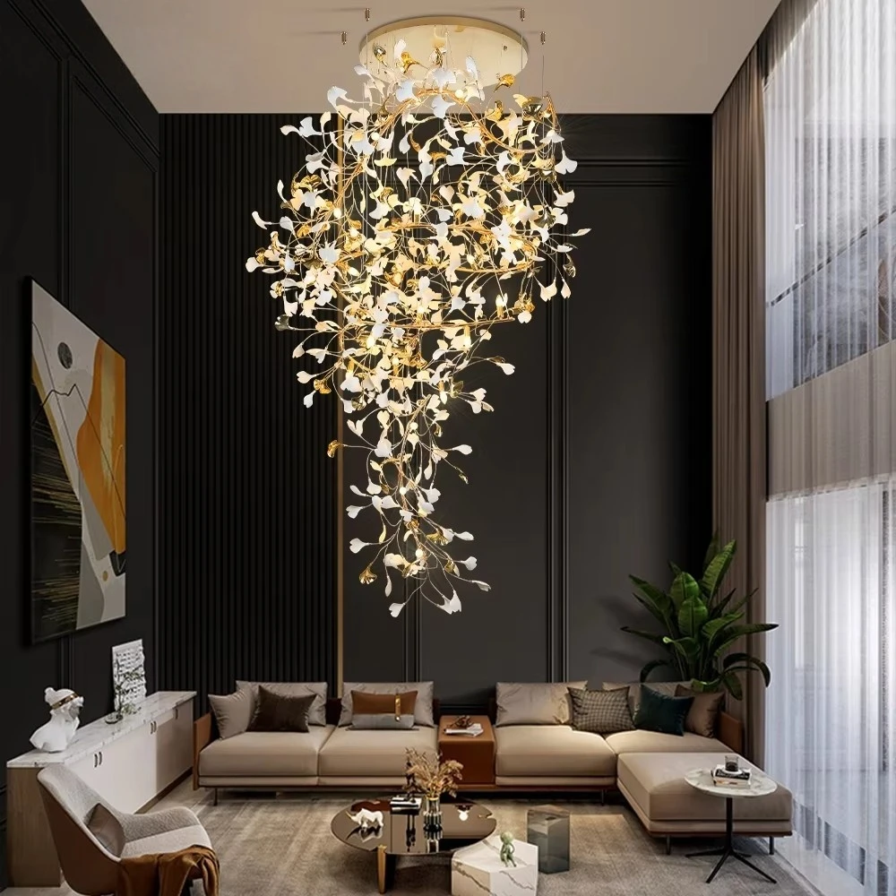 Modern Ginko Leaves Hanging Staircase Chandeliers For Hall Lobby Luxury Large Designer High Ceiling Living Room Ceramics S-shape