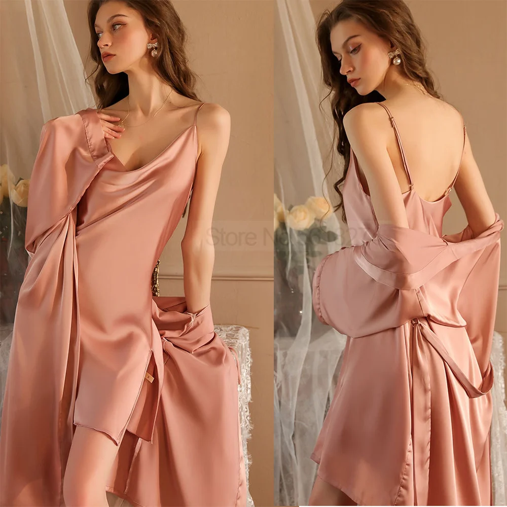 Bridal Wedding Robe Set With Strap Nightgown Female Sleepwear Kimono Bathrobe Gown&Chemise Nightwear Summer Swing Cllar Lingerie