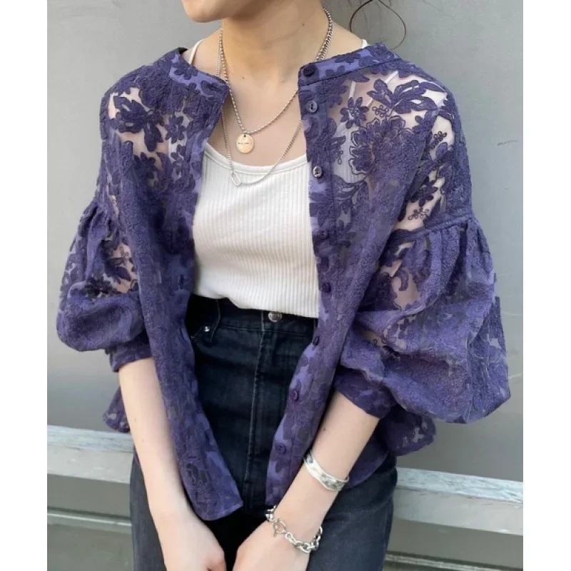 2025 New Lace Spring Summer Blouses Women Tops Hollow Out Japan Style Lantern Sleeve Blusas Mujer Vintage Short Shirts