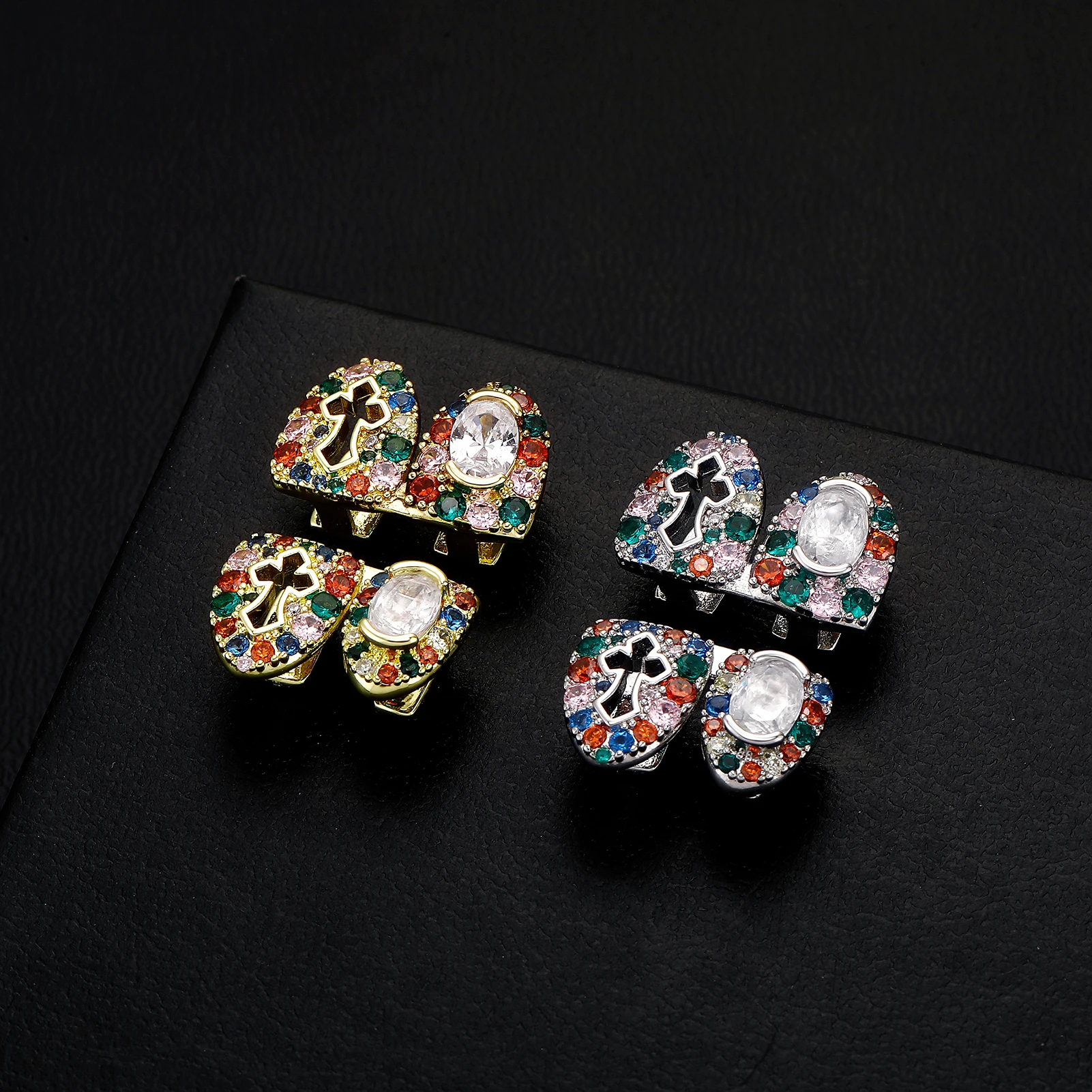 JINAO Hip Hop Upside Double Teeth Iced Rainbow Hollw Holy Cross CZ Grillz Top&Bottom Shiny Grill SET Punk Rapper Christmas Gift