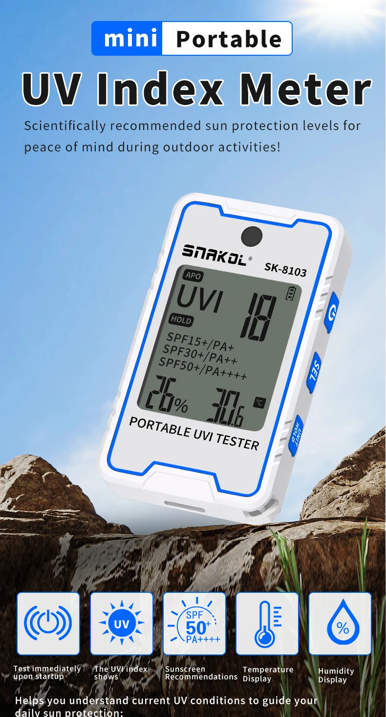 SNAKOL SK-8103 Digital UV Illuminometer Professional UV Light Meter Portable UV Tester Ultraviolet with Temp Humidity Display