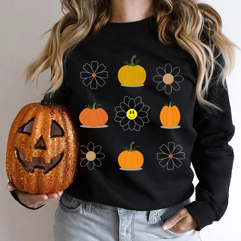 

Fall Pumpkin Flower Print Hoodless Sweatshirts For Women Casual Creative Round Neck Sweatshirt Autumn Winter Pure Color Pullover