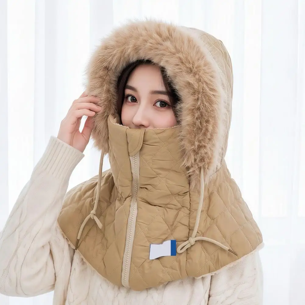 Windproof Ski Cap with Face Mask Women Winter Balaclava Hat with Quilted Face Mask Fleece Lined Hood Hat Zipper for Women