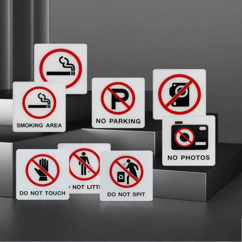 Public place signage: acrylic signage - no smoking trespassing photography parking littering - wall decals shopping mall