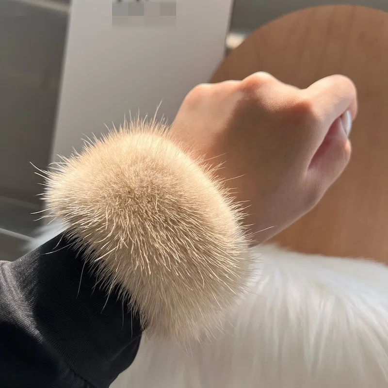 Winter Warm Real Mink Fur Cuff Luxury Arm Warmer Thick Furry Female Hand Ring Wristbands