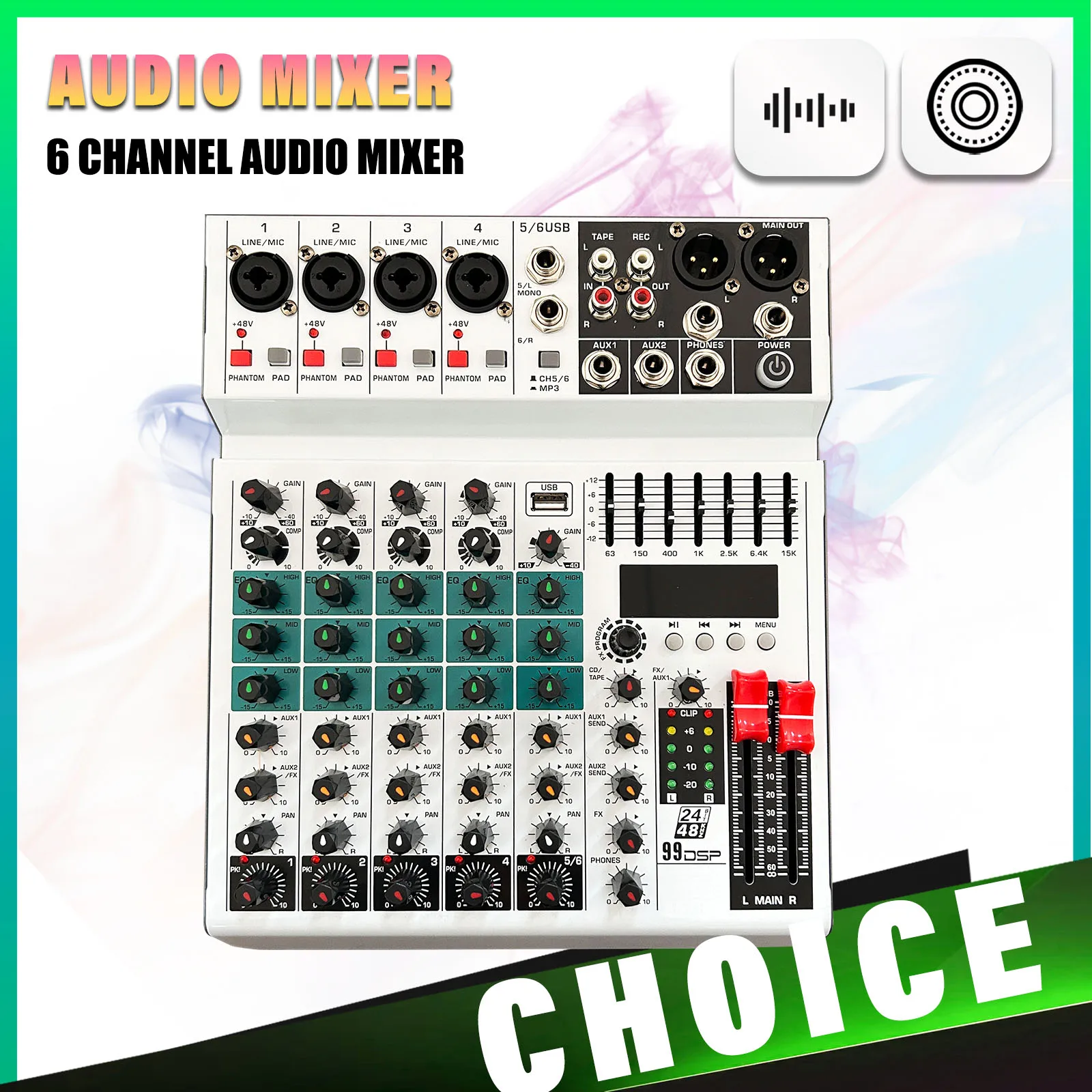 6 Channel Audio Mixer Professional DJ Studio Portable Audio Mixer DJ Sound Mixing Console 48V Power