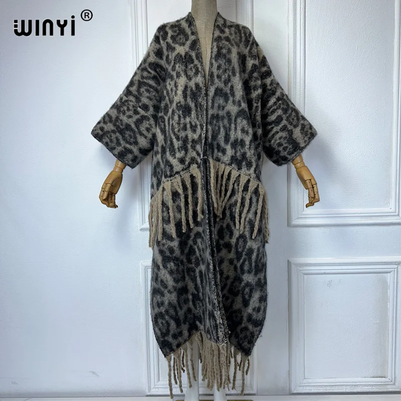 WINYI Winter African cardigan Leopard abaya outfits for women Fringed coat Open Front Kimono long down party dress outerwears