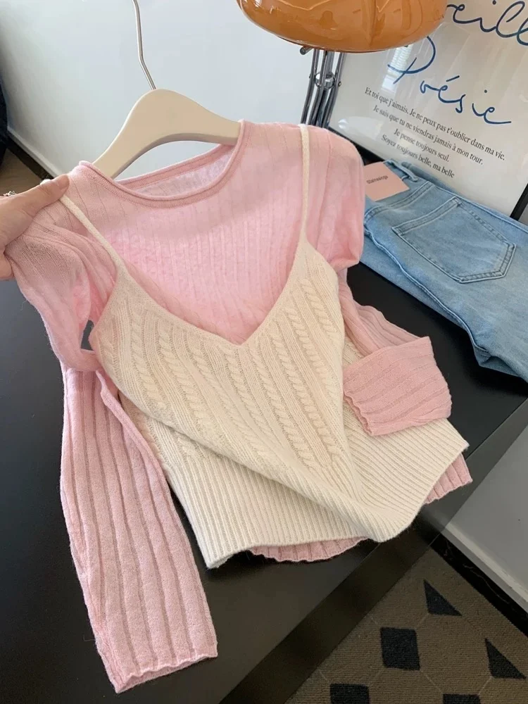 

Sweet Style Knitted Sweater And Tank Top Two-Piece Set for Women Autumn Season High Waist French Style Knitwear Long Sleeve