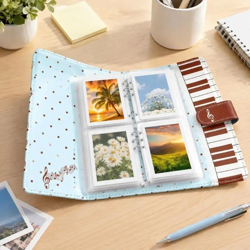 Loose-Leaf Card Album with Double-Sided 4-Pocket Pages, Adjustable 6-Hole PU Leather Binder Cover for Organized Viewing and K1KF