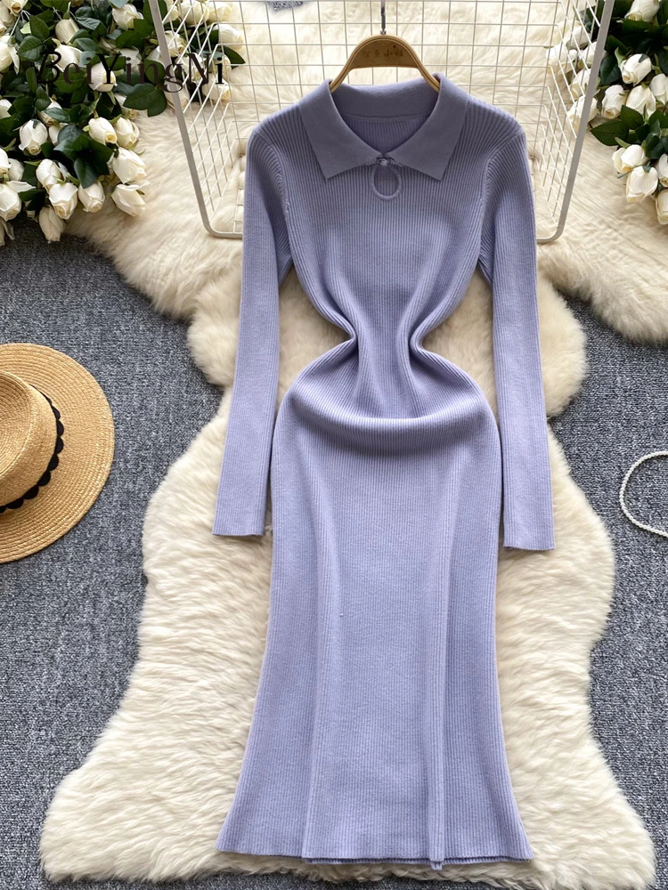 Beiyingni Woman's Vintage Design Sweaters Dress Hollow Out Turn Down Collar Slim Temperament Long Midi Knitted Dresses Ladies