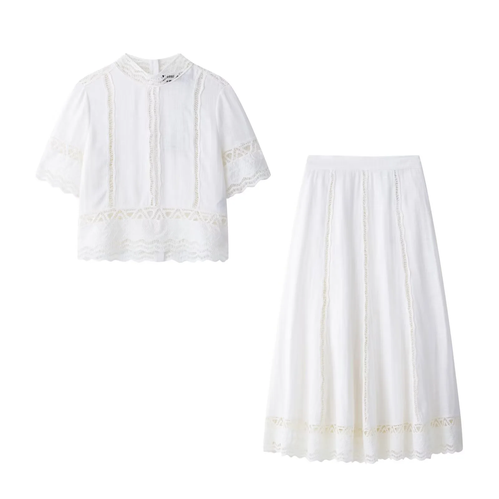 Set atasan dan rok wanita 2 potong, bordir elegan musim semi/gugur, model hollow out, kerah tinggi, lengan pendek, rok rajutan