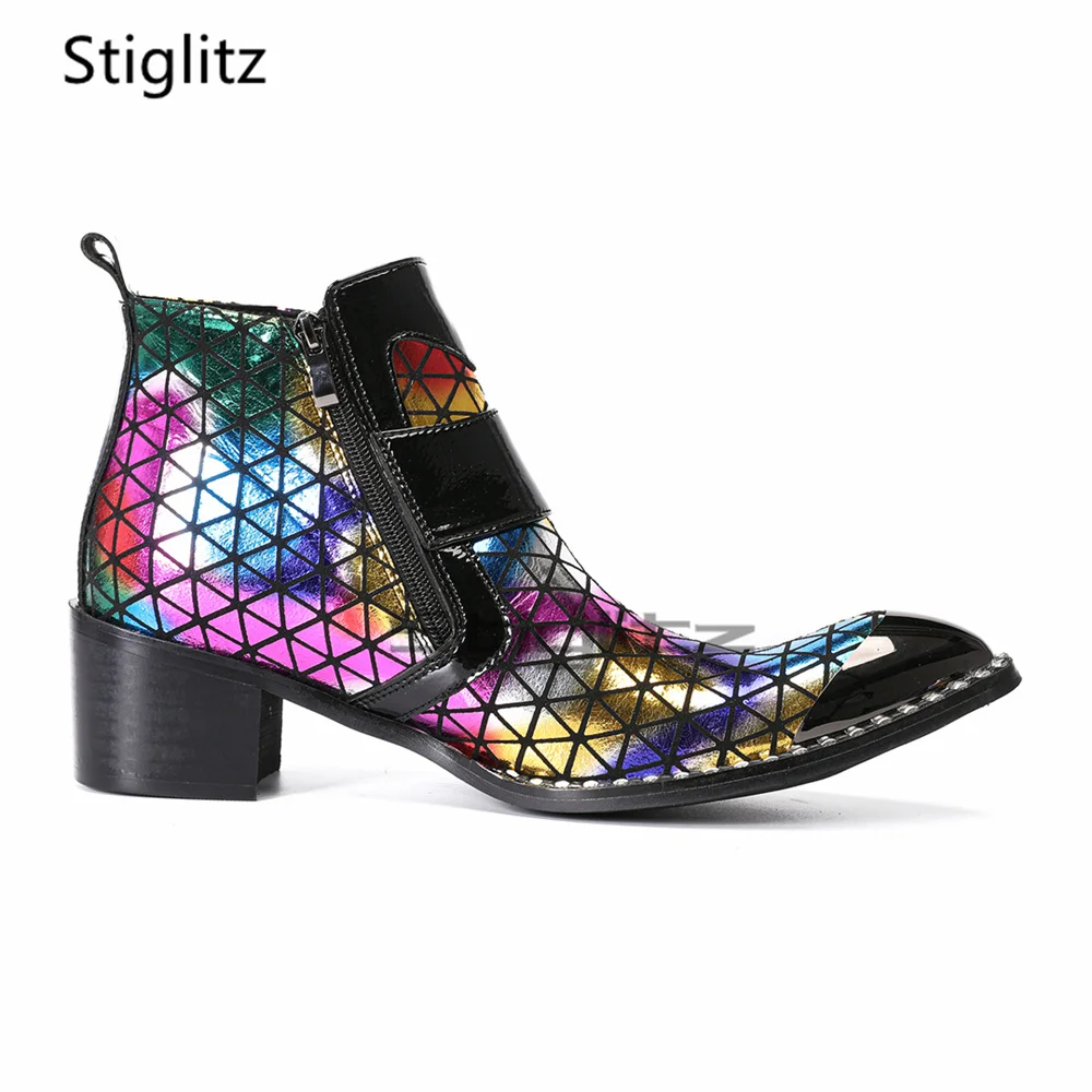 Men's Rainbow Color High Heels Chelsea Boots Geometric Print Metal Toe Double Buckle Straps Side Zip Shoes Western Ankle Boots