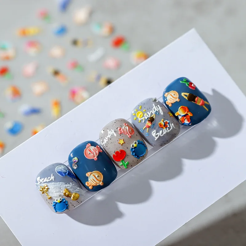 summer beach nail sticker high quality 5D soft embossed design self-adhesive manicure decorative stickers jellyfish nail sticker
