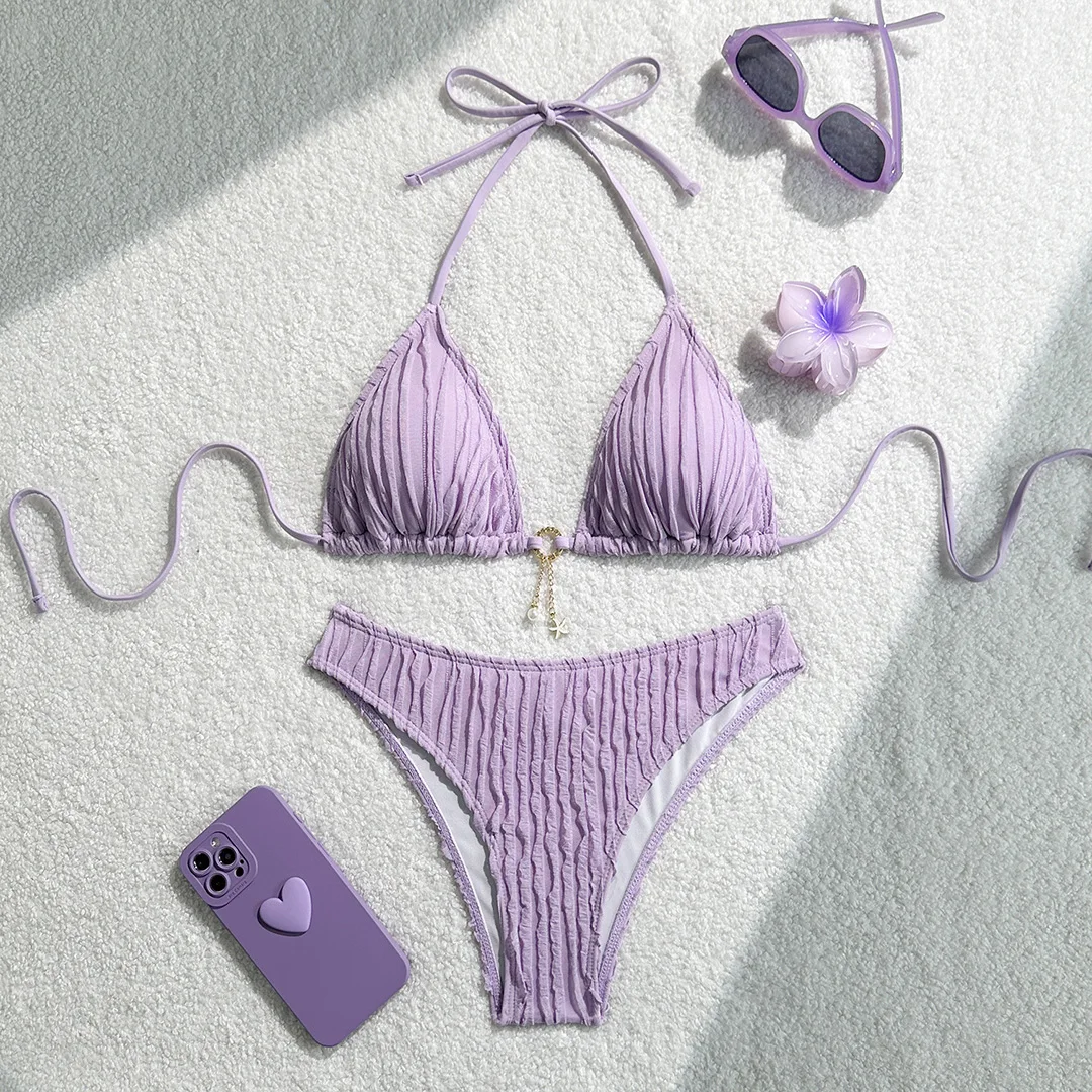 Gefalteter Neckholder-Bikini, Damen-Badeanzug, zweiteiliges Bikini-Set, brasilianischer Badeanzug mit hohem Beinausschnitt, Badebekleidung, Modell V6209S. – Detail 35