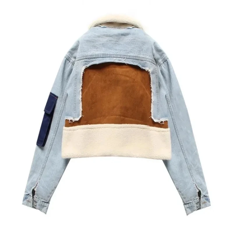 Fashionable Plush Denim Patchwork Coat Winter Wear New Style Lamb Wool Inner Liner Thickened Short Motorcycle Jacket Cotton Coat