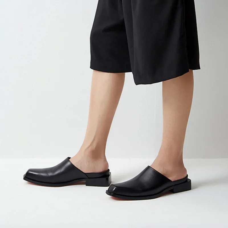 Summer Men Shoes Genuine Leather Slippers Casual Square Toe Slip-On Slides Handmade Mens Mules Shoes Trendy Quality Flip Flops