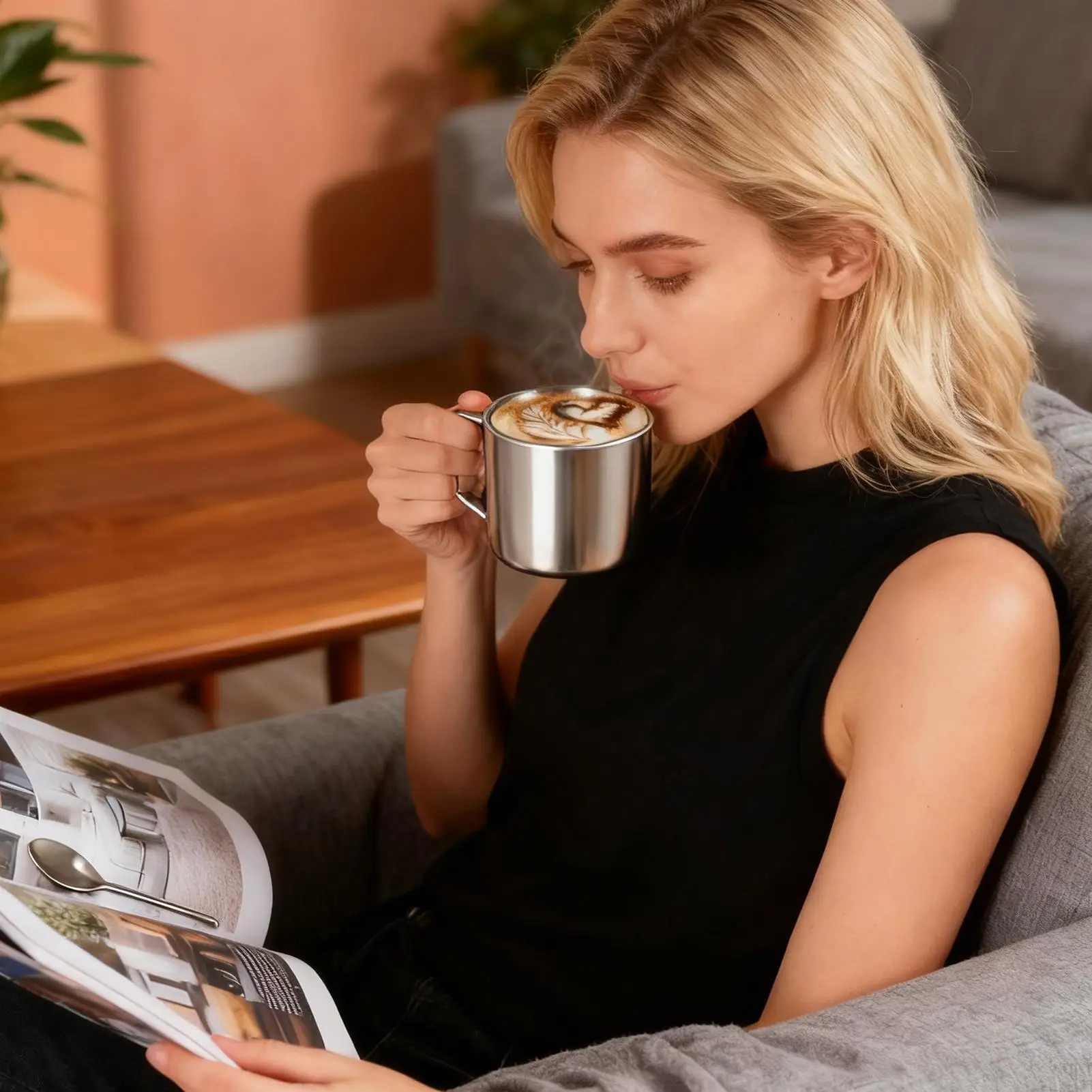 

Stainless Steel Coffee Cup 200ml Double Wall Spill Proof Drinkware With Spoon Metal Tea Cup Set For Outdoor Garden Park Yard