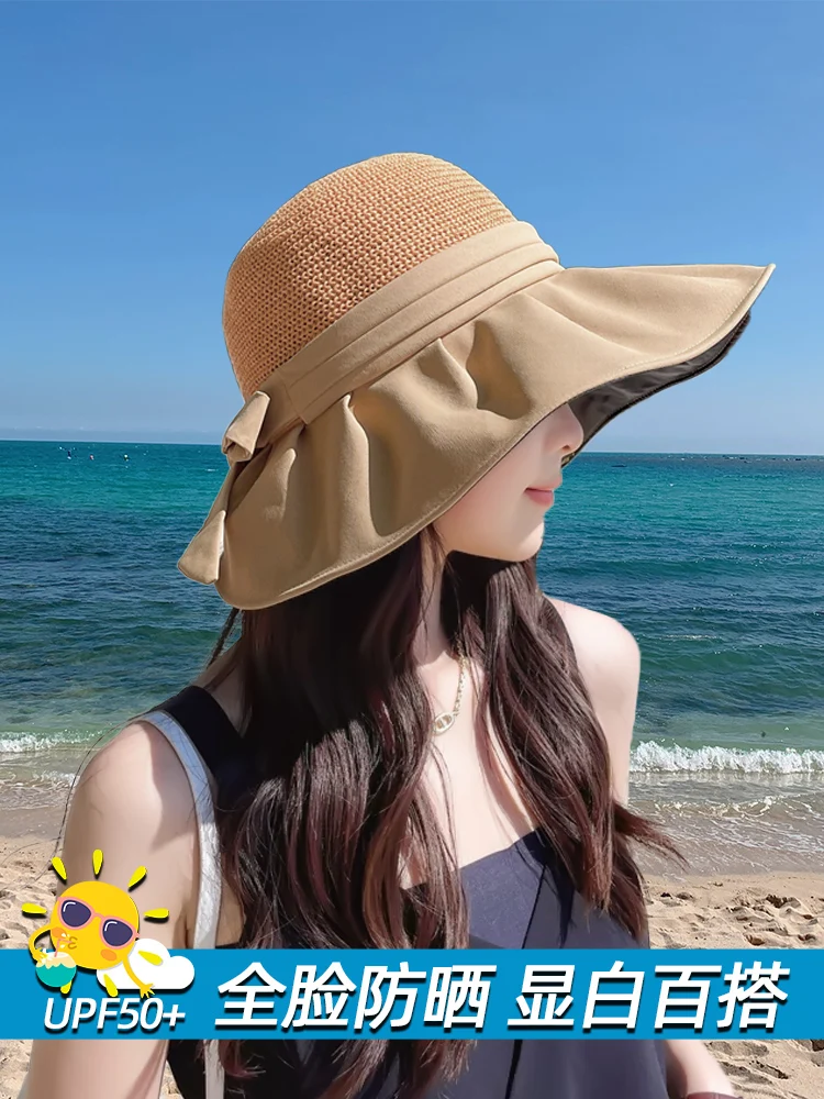 Women's Sun Hat Summer UV-Proof Straw Hat Big Brim Sun-Proof Bucket Hat Thin Hat Summer