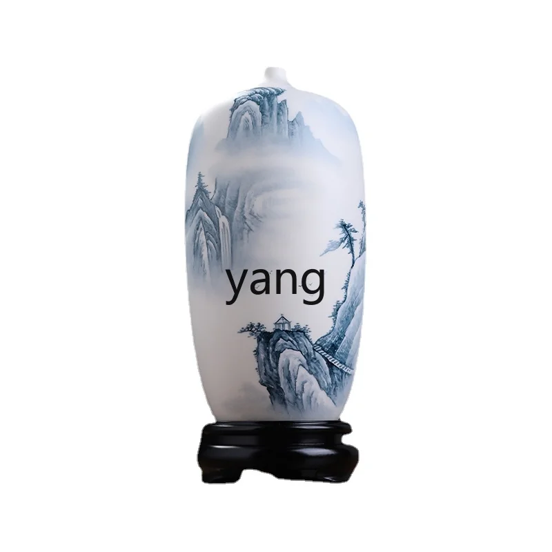 Yjq High Mountains and Flowing Water Hand Painted Landscape Mutton Fat Jade Tip Bottle Chinese Living Room Curio Shelves Vase