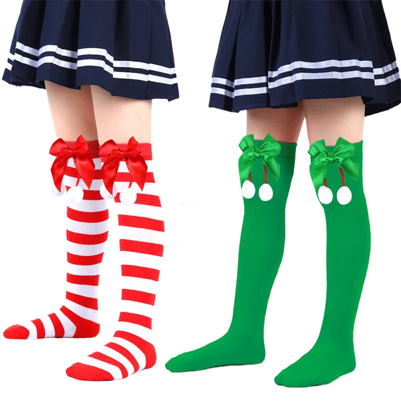Cute Bow Ball Striped Knitted Kids Stockings above Knee Christmas Socks for Boys And Girls 7-12 Years Old New Year Autumn Winter
