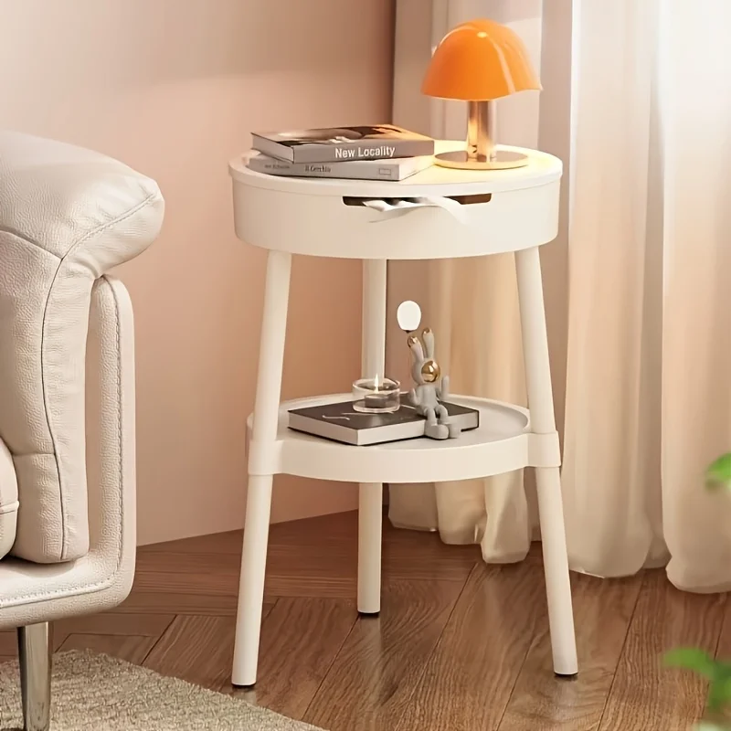 

Modern Minimalist White Plastic Side Table with Storage Shelf - Compact Side Table for Living Room, Bedroom Living Room Coffee