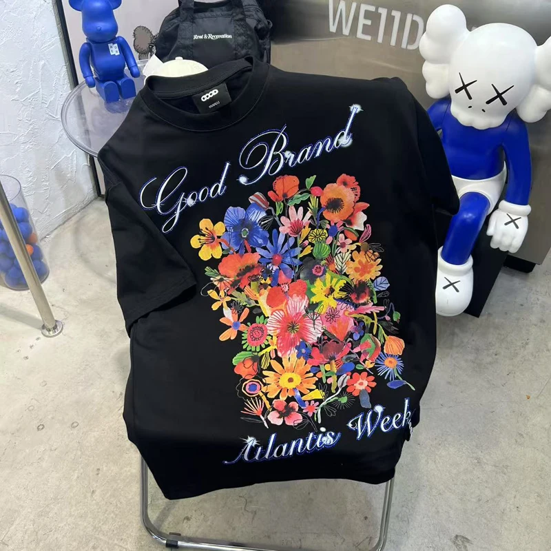 

Goodbrand Flower Print Embroidery Rhinestone T-shirt Men Women Black Apricot Pull on Short Sleeve Round Neck Tops Tee